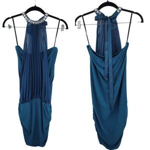 Vtg Sexy Shear Mini Party Dress Sz‎ M Teal Jeweled Pleated Halter Bodycon USA